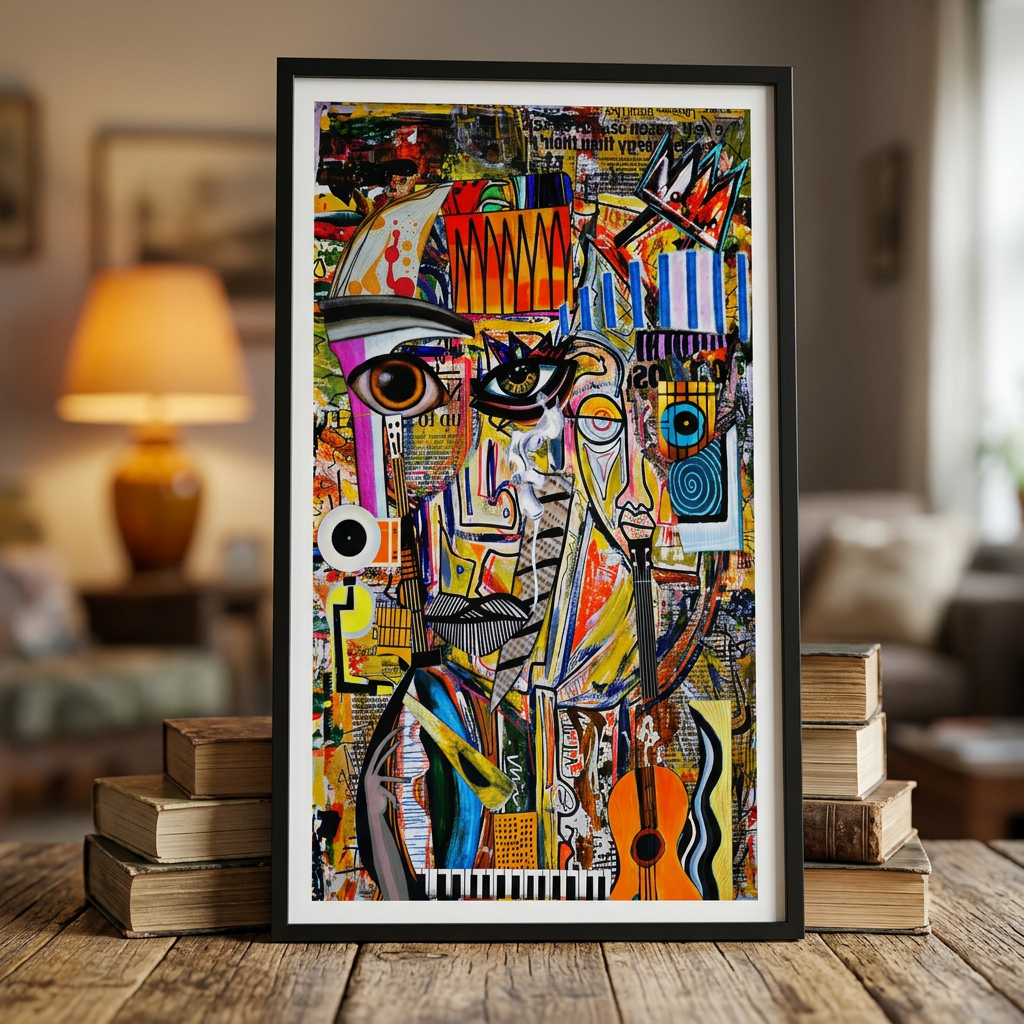 ‘Gypsy Kings’ Abstract Cubist Portrait Acrylic Print – Modern Wall Art with Guitar & Bold Colors