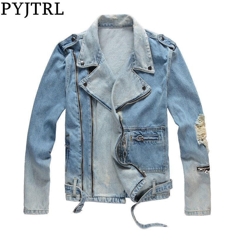 PYJTRL Mens Ripped Light Blue Denim Jacket